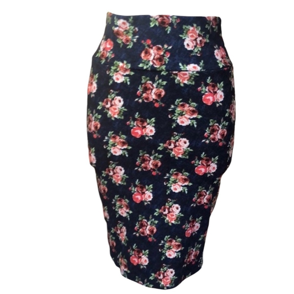 LuLa Roe Blue stretchy skirt w/Orange,White,Green,burgundy Floral print Size S